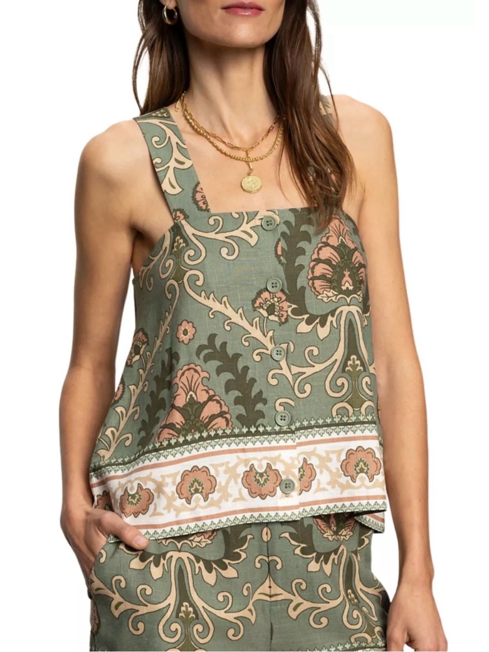 Sanctuary Mezzo Sage Button Back Cami Linen Blend Top, NWT Size M